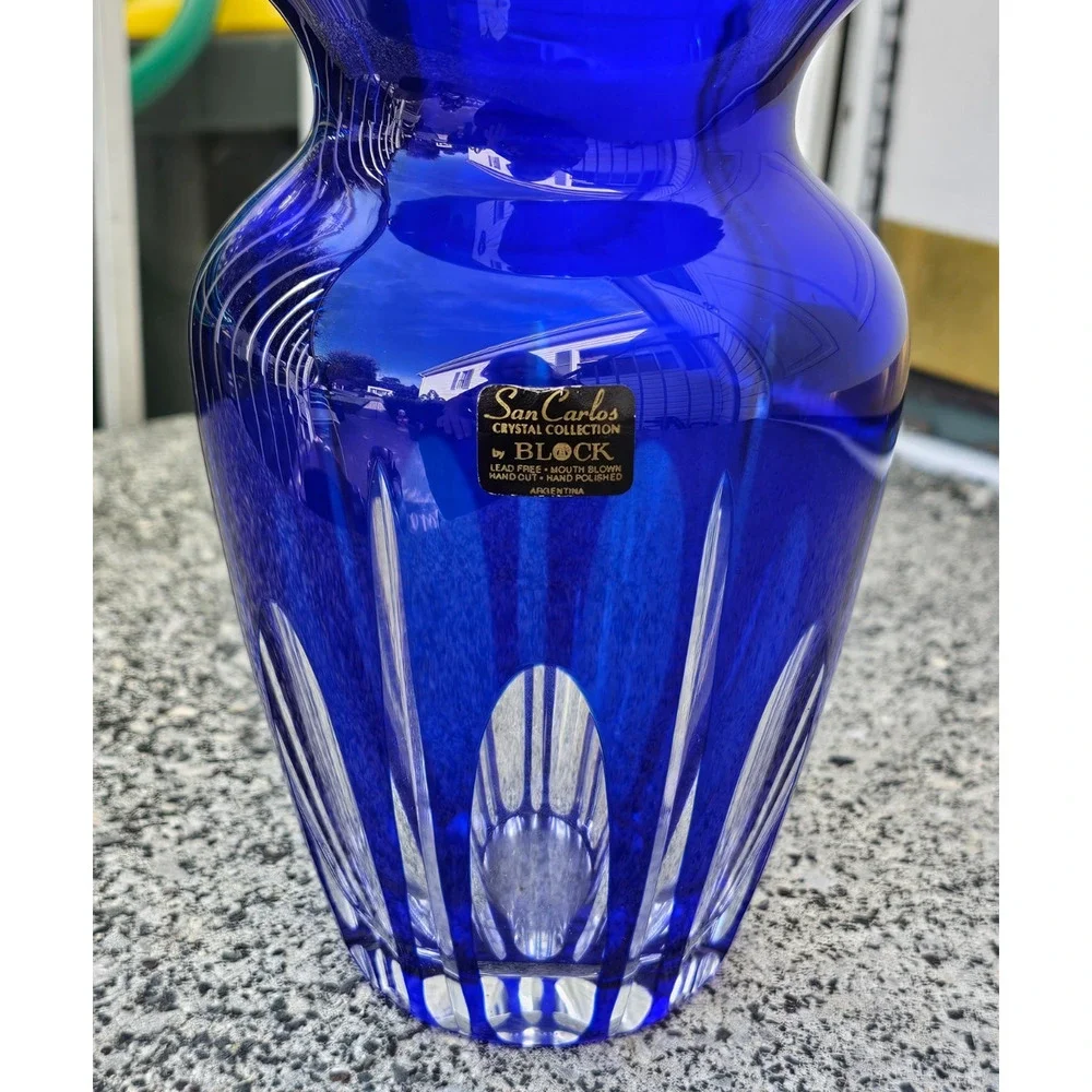 Cobalt Blue Block Crystal Vase San Carlos Crystal Collection 8 1/4